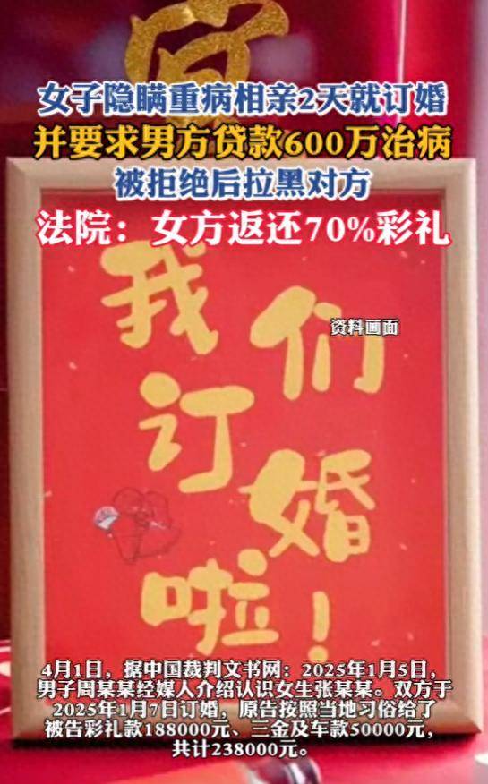 女子隐瞒重病相亲2天就订婚,并要求男方贷款600万治病,被拒绝后拉黑对方,法院:女方返还70%彩礼